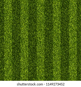Vector realistic top view illustration of soccer green grass field. Seamless striped line football stadium texture. Sports lawn background.