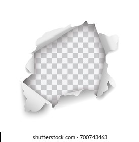 Vector realistic torn hole in paper on transparent background 