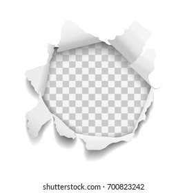 Vector realistic torn hole in paper on transparent background 