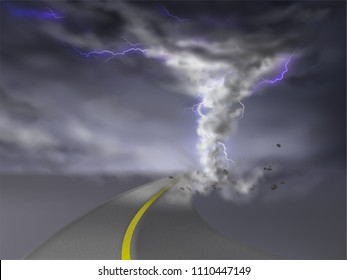 Vector realistic tornado with lightnings, gray hurricane on highway, isolated on transparent background. Wind cyclone, twisted vortex with flashes of light goes on road, dangerous natural disaster