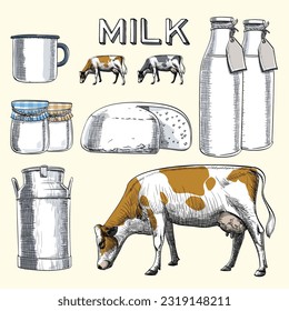 Vector realistic traditional and retro style dairy cows and dairy products and traditional dairy farming related objects