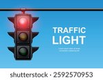 Vector Realistic Traffic Light with Red Light On. Pedestrian Signal in Focus. Traffic Light Illustration Against a Clear Blue Sky Background