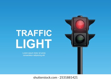 Vector Realistic Traffic Light with Red Light On. Pedestrian Signal in Focus. Traffic Light Illustration Against a Clear Blue Sky Background
