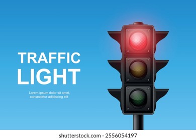 Vector Realistic Traffic Light with Red Light On. Pedestrian Signal in Focus. Traffic Light Illustration Against a Clear Blue Sky Background