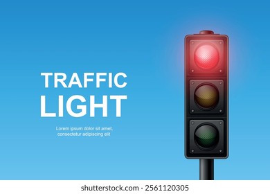 Vector Realistic Traffic Light with Red Light On. Pedestrian Signal in Focus. Traffic Light Illustration Against a Clear Blue Sky Background