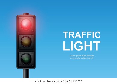 Vector Realistic Traffic Light with Red Light On. Pedestrian Signal in Focus. Traffic Light Illustration Against a Clear Blue Sky Background