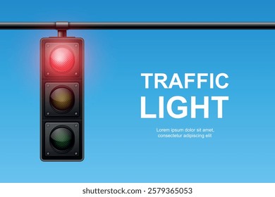 Vector Realistic Traffic Light with Red Light On. Pedestrian Signal in Focus. Traffic Light Illustration Against a Clear Blue Sky Background