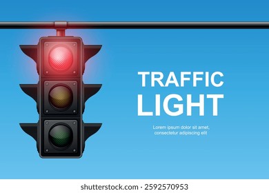 Vector Realistic Traffic Light with Red Light On. Pedestrian Signal in Focus. Traffic Light Illustration Against a Clear Blue Sky Background