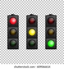 Vector realistic traffic light set. Isolated. Led backlight. Red, yellow and green color. Design template in EPS10.