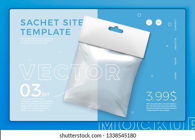 Vector realistic transparent 3d snack or candies sachet isolated on bright modern site template with typographic background. Mock-up for product package branding.