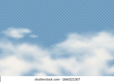 Vector realistic transparent background with clouds. Cloudy fluffy sky illustration texture. Storm, rain cloud effects backdrop. Atmosphere climate concept template