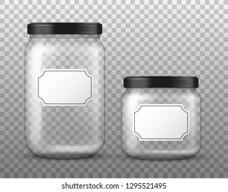 Vector realistic transparent big and small glass jar with blank label isolated on transparent background