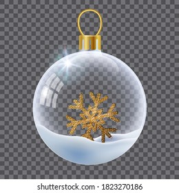 Vector realistic transparent Christmas ball with snow and snowflake. Template of glass transparent Christmas ball. Vector object for design, mock-up. Shiny toy with silver glow.