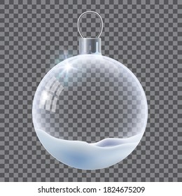 Vector realistic transparent Christmas ball with snow. Template of glass transparent Christmas ball. Vector object for design, mock-up. Shiny toy with silver glow.