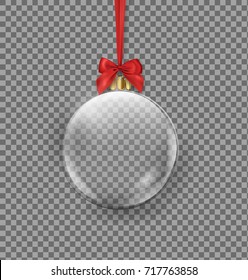 Vector realistic Transparent Christmas ball hanging on red ribbon on a dark background. Transparent vector object for design, mock-up Vector template