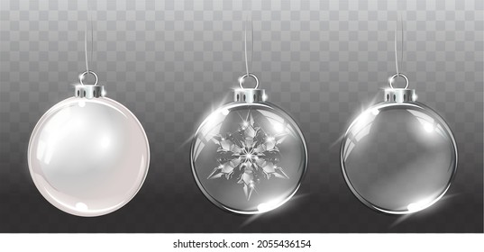 Vector realistic transparent Christmas balls and crystals on a light abstract background. Christmas decoration. Glass sphere and sparkling translucent crystals