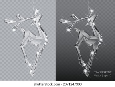Vector realistic transparent Christmas crystal deer decoration on abstract background. Glass sparkling translucent crystals
