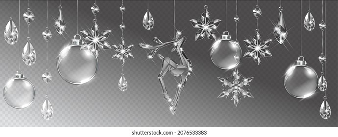 Vector Realistic Transparent Christmas Crystal Deer And Decoration On Abstract Background. Glass Sparkling Translucent Crystals