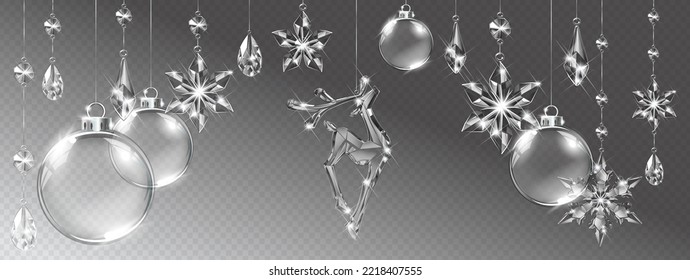 Vector realista, ciervo transparente de cristal de Navidad y decoración sobre fondo abstracto. Cristales translúcidos brillantes de vidrio
