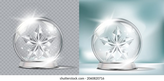 Vector realistic transparent Christmas globe on a light abstract background. Christmas decoration.  Glass sphere and sparkling translucent crystals