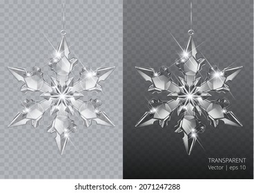 Vector realistic transparent Christmas snowflake decoration on a light abstract background. Glass sparkling translucent crystals