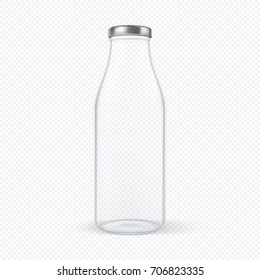 Vector Realistic Transparent Closed Empty Glass Milk Bottle With Silvery Lid Closeup Isolated On Transparent Background. Design Template For Advertise, Branding, Mockup. EPS10.