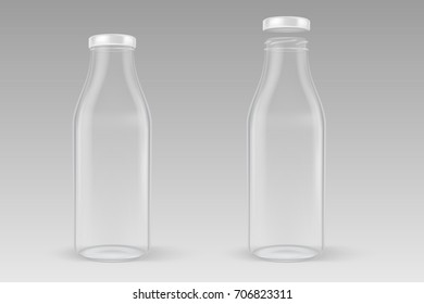 Vector Realistic Transparent Closed And Open Empty Glass Milk Bottle Set With White Lid Closeup Isolated On Grey Background. Design Template For Advertise, Branding, Mockup. EPS10.