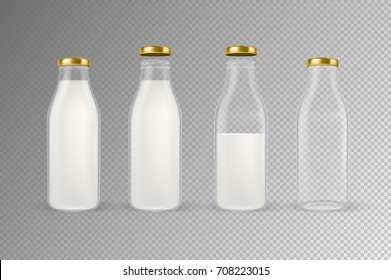 Vector Realistic Transparent Closed And Open Empty And Full Glass Milk Bottle Set With Golden Lid Closeup Isolated On Transparent Background. Design Template For Advertise, Branding, Mockup. EPS10.