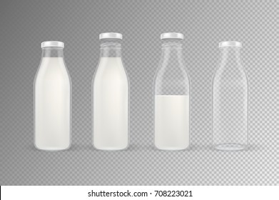 Vector realistic transparent closed and open empty and full glass milk bottle set with white lid closeup isolated on transparent background. Design template for advertise, branding, mockup. EPS10.