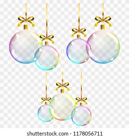 Vector realistic transparent colored Christmas balls on a square background showing the transparency of objects