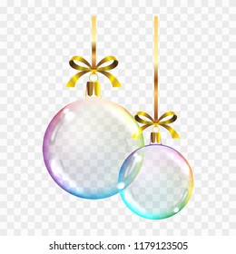 Vector realistic transparent colored Christmas balls on a square background showing the transparency of objects