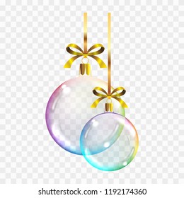 Vector realistic transparent colored Christmas balls on a square background showing the transparency of objects