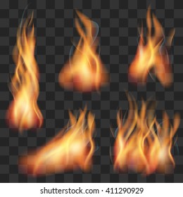 Vector realistic transparent fire flame set. Fire hot, flame fire, blaze fire illustration