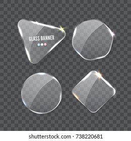 Vector realistic transparent glass plates shapes set isolated on sample background. Web banner templates with space for text