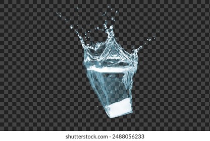 vector realistic transparent illustration of ice cubes falling into water which causes the water to splash.