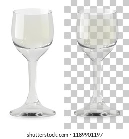 Vector realistic transparent and isolated whiskey shot glass. Alcohol drink glass icon illustration