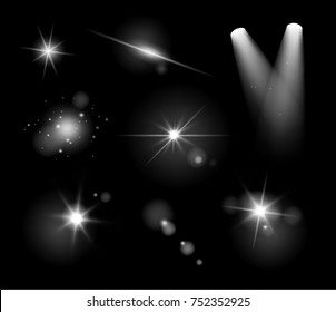 Vector realistic transparent light effects and lens flares isolated on black background