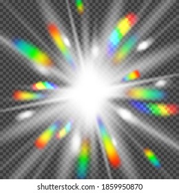Vector Realistic Transparent Radiance with Bright Rainbow Rays. Radiant Colorful Bokeh Effect. Magical Iridescent Decoration