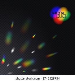 Vector Realistic Transparent Rainbow Rays. Radiant Colorful Bokeh Effect. Magical Iridescent Decoration