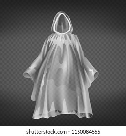 Vector realistic transparent raincoat, disposable waterproof slicker for autumn, springtime. Human protective polyethylene clothes isolated on dark background. Impervious to water plastic hood.