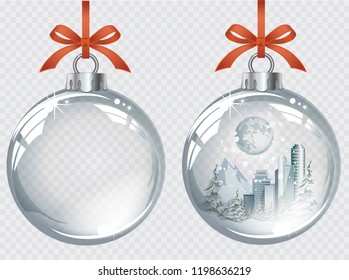 Vector Realistic Transparent Silver Christmas Balls With Winter City, Snow And Moon