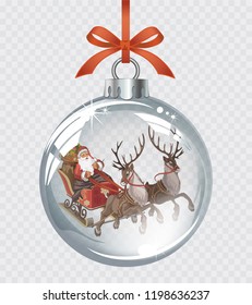 Bolas transparentes vectoriales de Navidad con Santa conduciendo su trineo