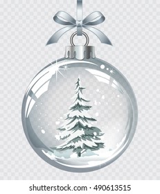 Vector realistic transparent silver Christmas ball with snow and christmas tree on a light abstract background