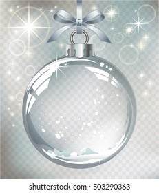 Vector realistic transparent silver Christmas ball with snow on a light abstract background