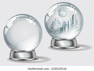 Vector realistic transparent snow globe with panorama of vector winter city on a light abstract background