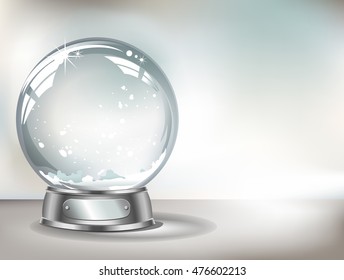 Vector realistic transparent snow globe with snow on a light abstract background