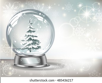 Vector realistic transparent snow globe with snow and christmas tree on a light abstract background