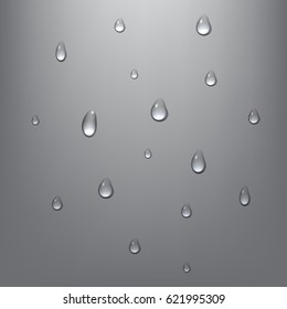 Vector realistic transparent water drops on grey backdrop. Shiny raindrops. Applicable for any backgrounds. Eps 10