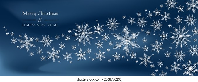 Ola transparente vectorial realista de viento nevado con copos de nieve de vidrio. Borde de cristales translúcidos que resplandece