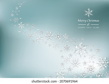 Vector realistic transparent wave of snowy wind with glass snowflakes. Sparkling translucent crystals border